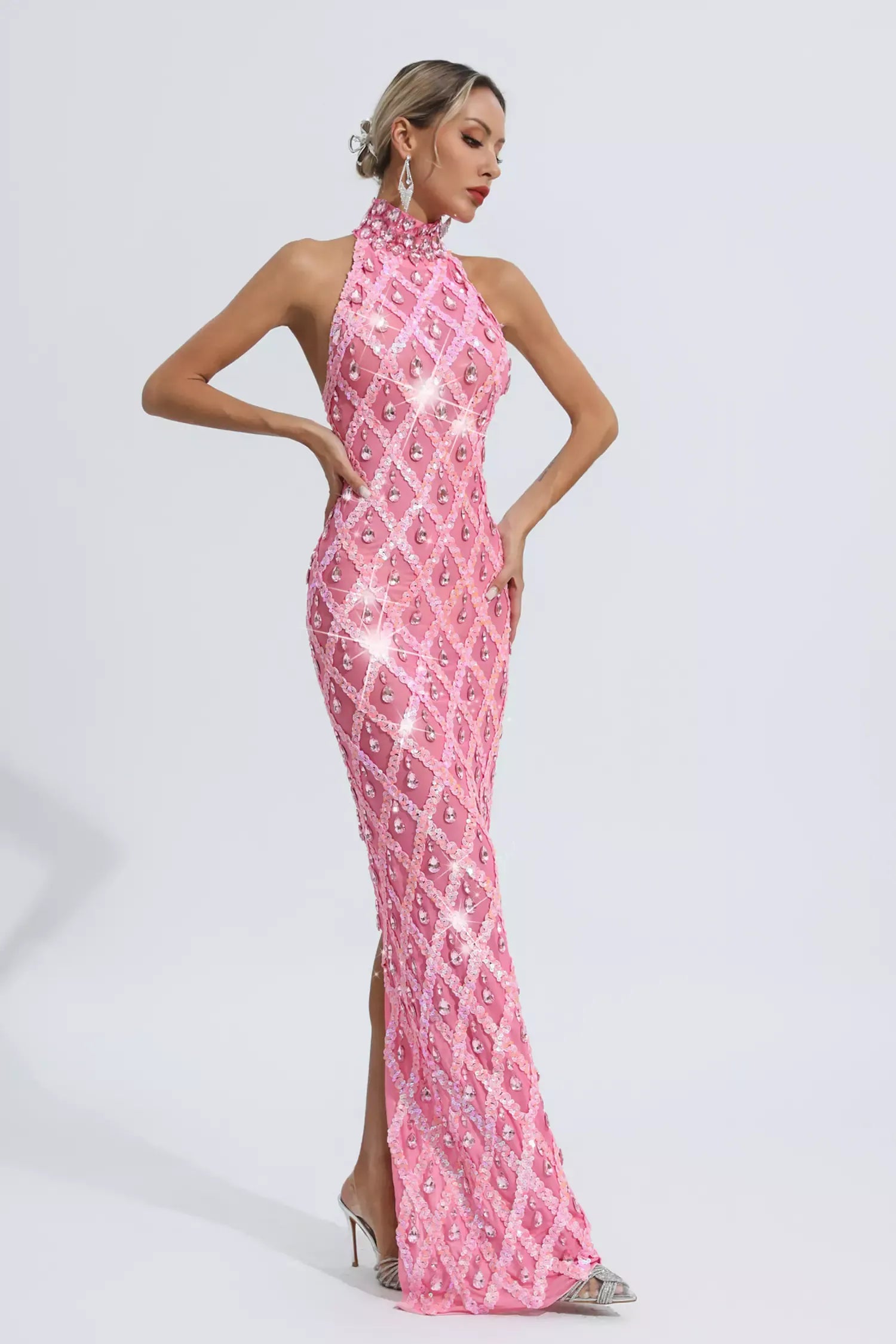 Louise Pembe Elmas Maxi Elbise (Astarsız)