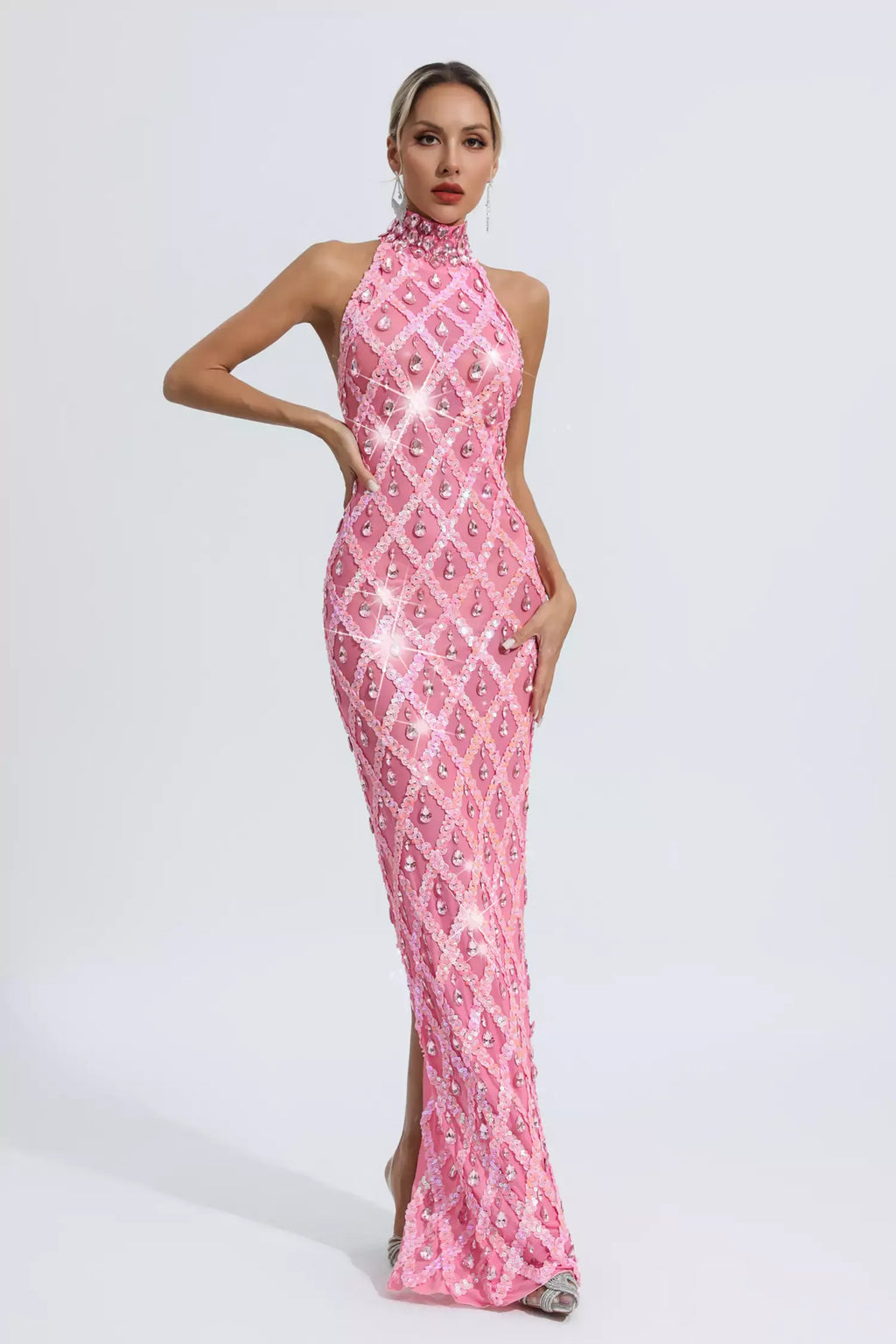 Louise Pembe Elmas Maxi Elbise (Astarsız)