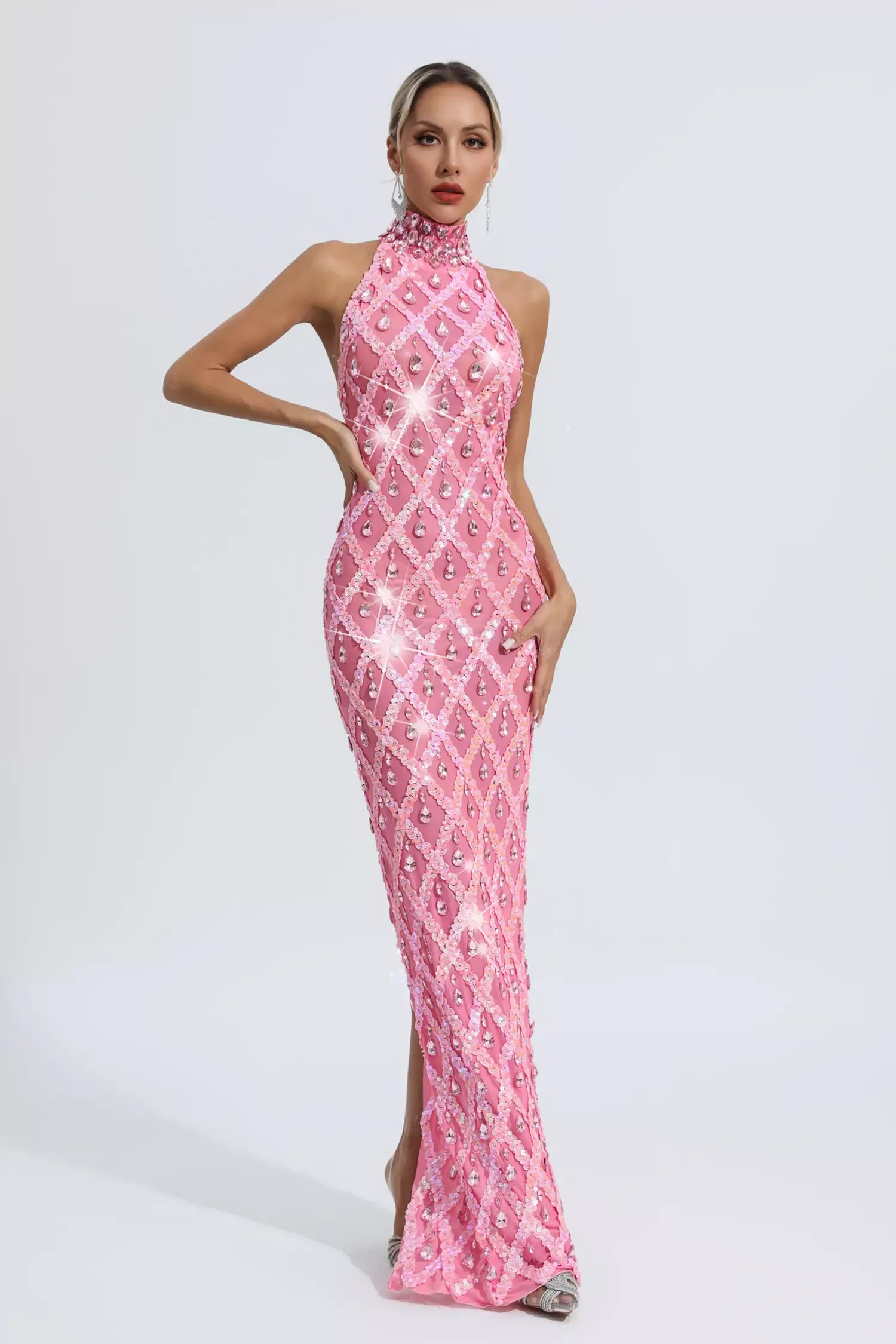 Louise Pembe Elmas Maxi Elbise (Astarsız)