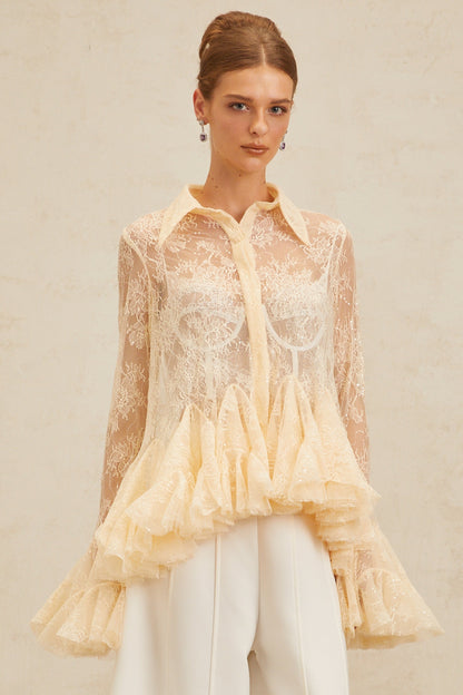 Ingrid Çiçek Desenli Dantel Peplum Bluz Nötr