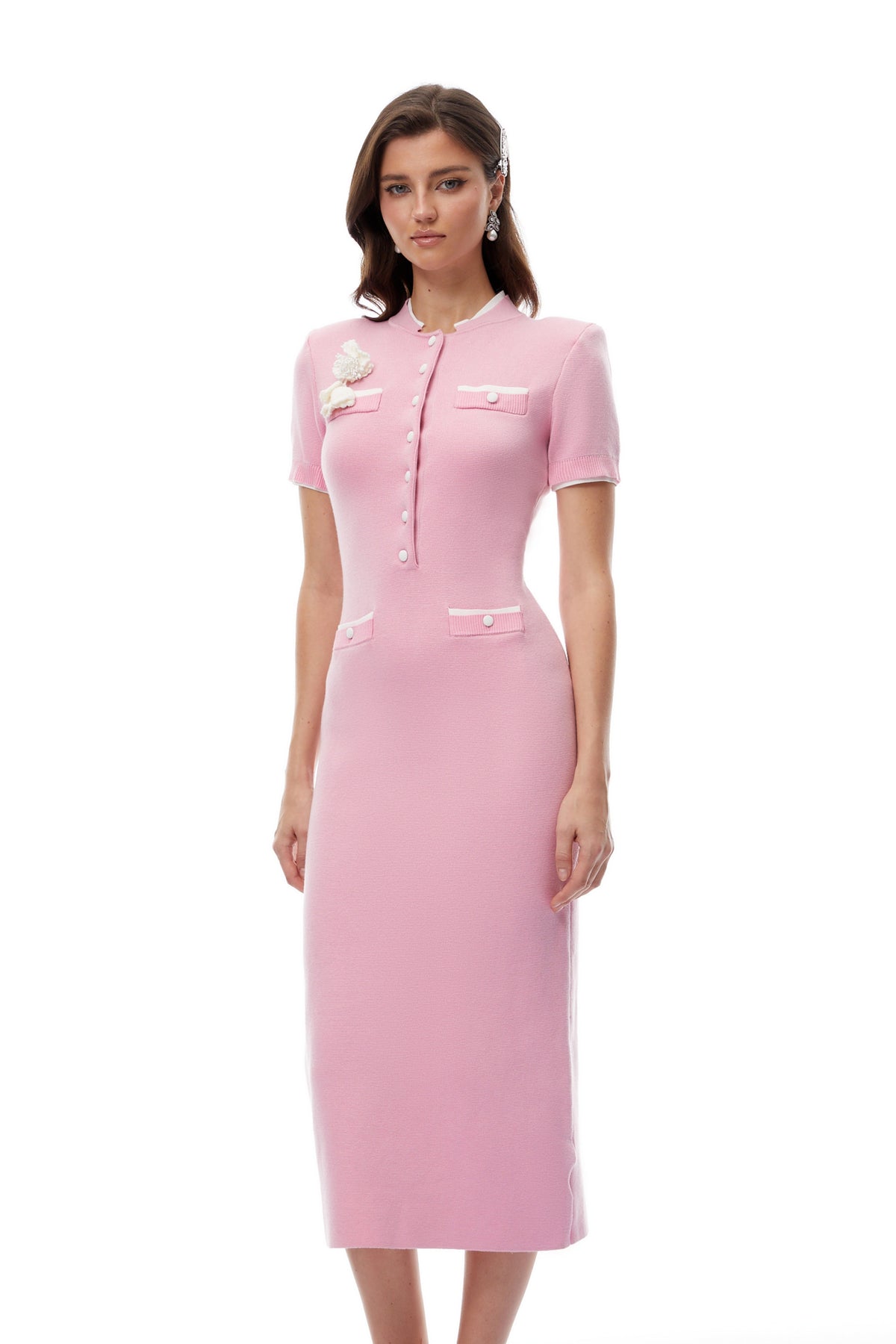 Lisette 3D Çiçek Detaylı Triko Midi Elbise Pembe