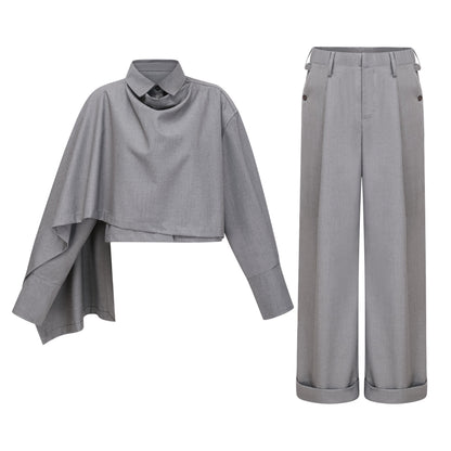 Cynthia Asimetrik Drape Detaylı Gömlek Ve Pantolon Takımı Gri