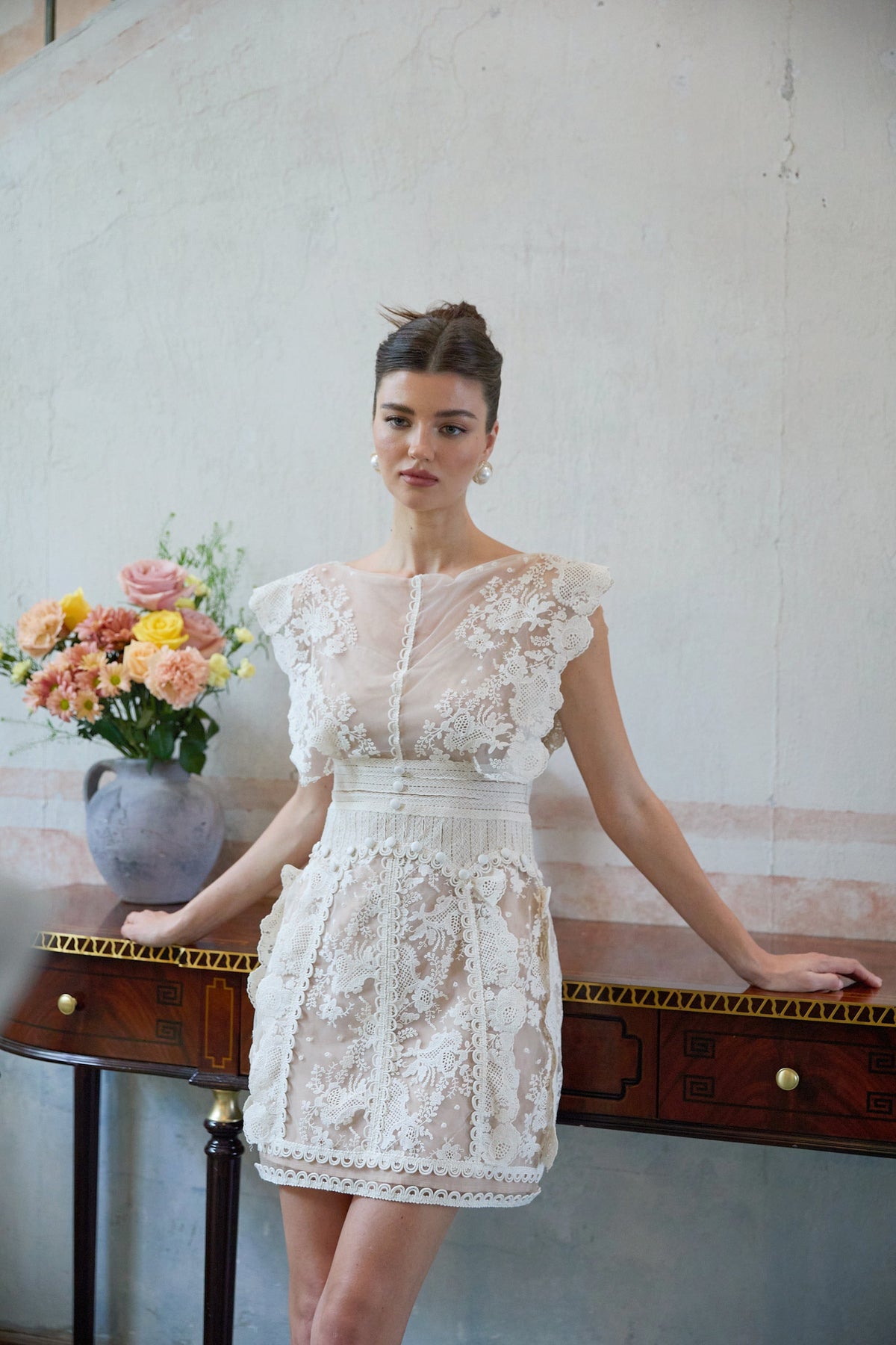Maïa Çiçek İşlemeli Dantel Mini Elbise Beyaz