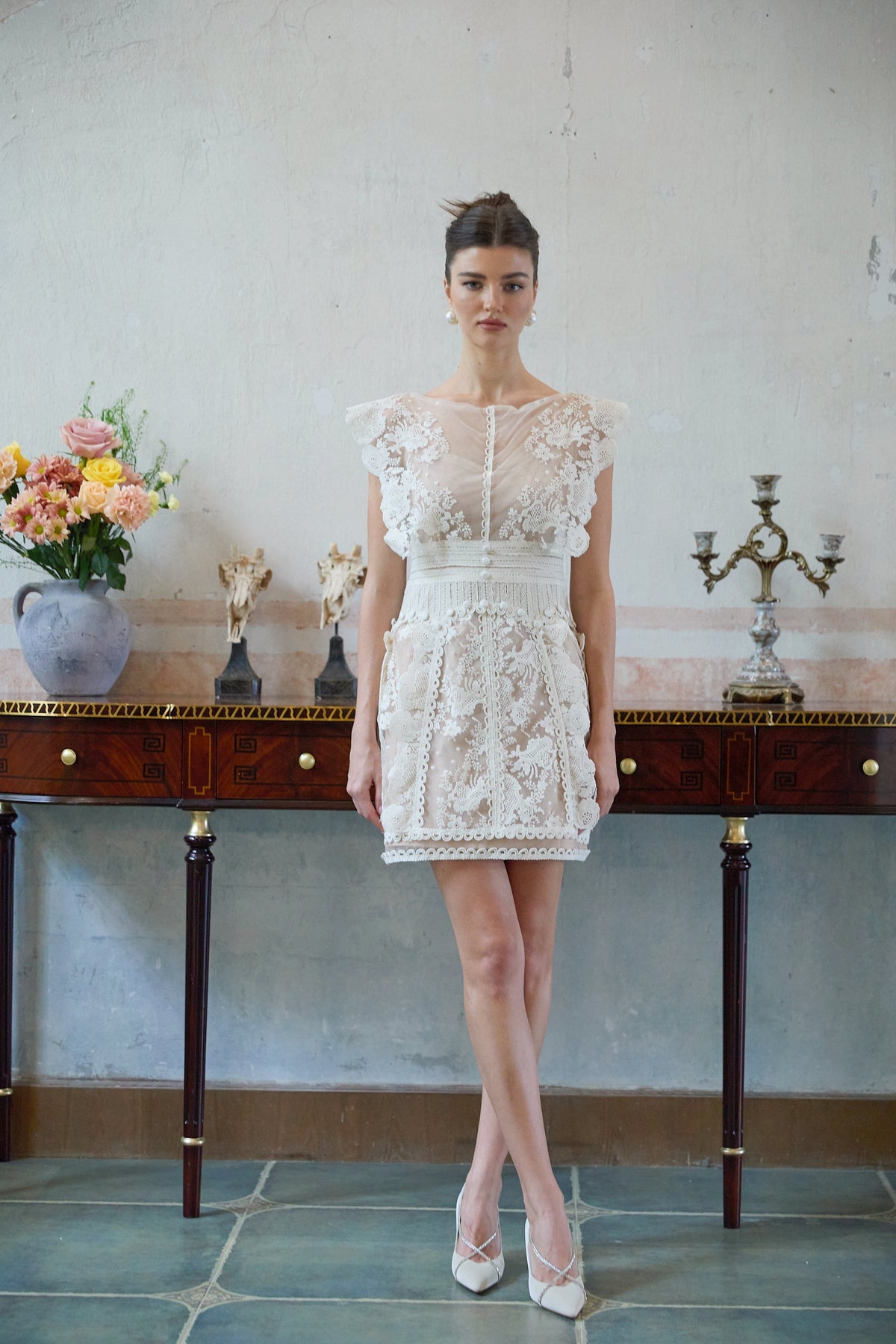 Maïa Çiçek İşlemeli Dantel Mini Elbise Beyaz