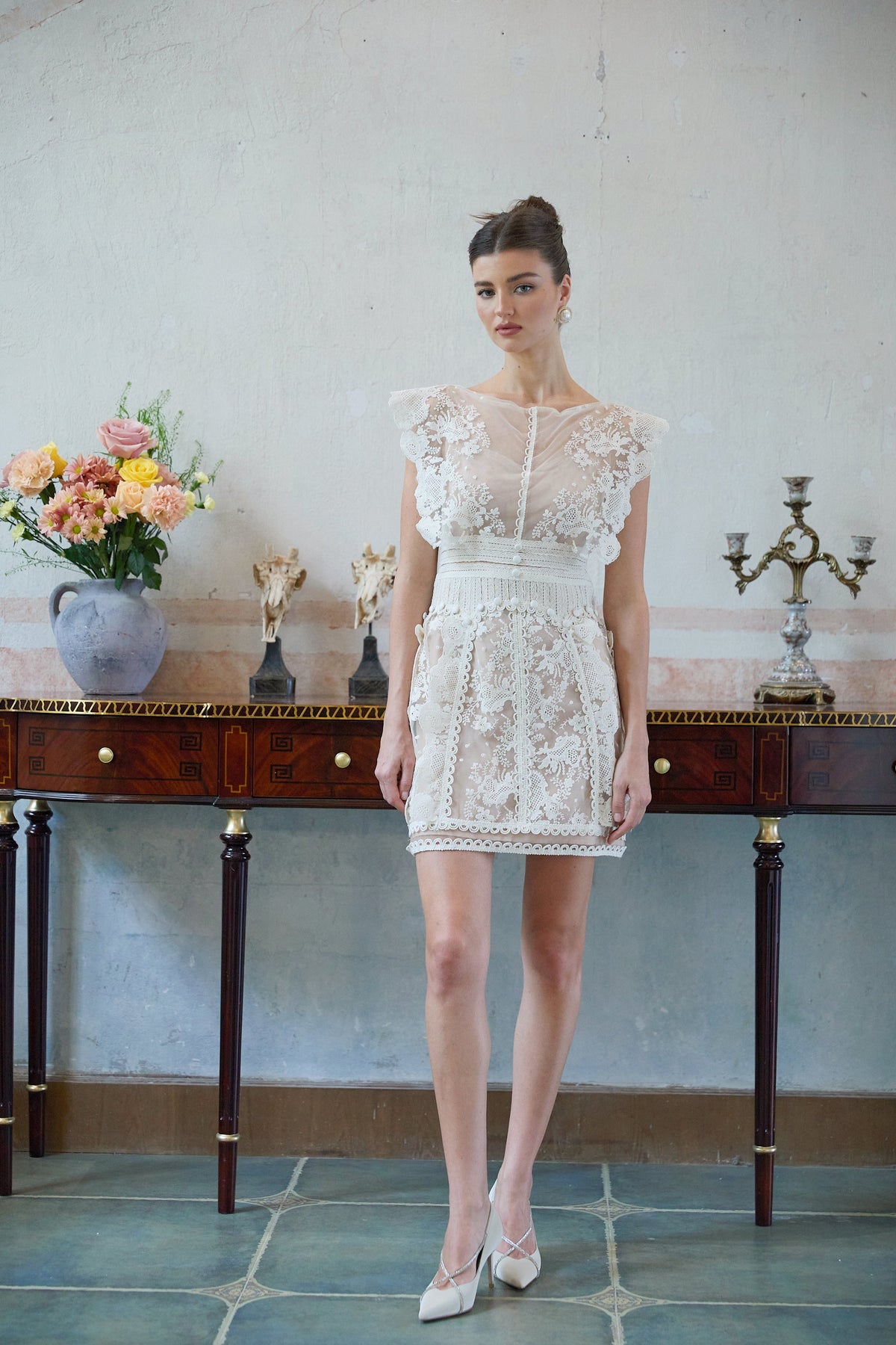 Maïa Çiçek İşlemeli Dantel Mini Elbise Beyaz