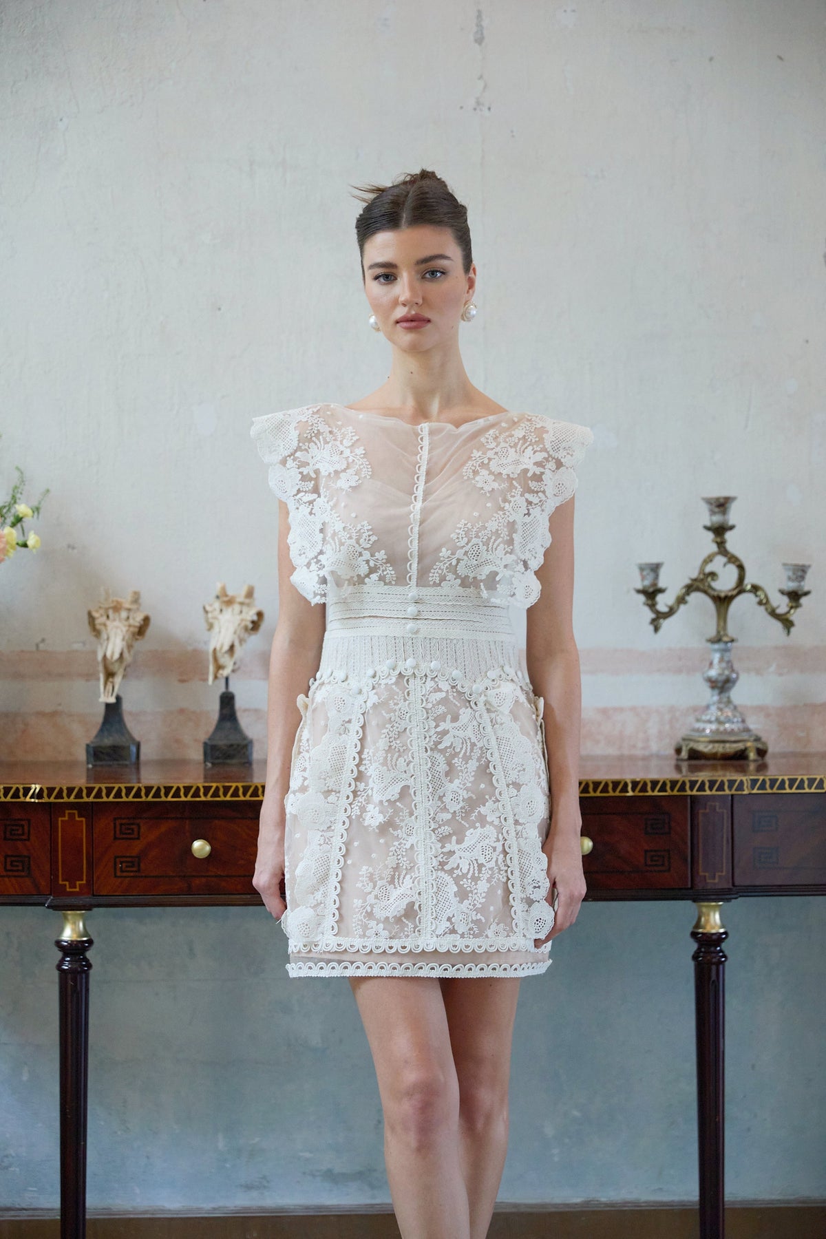 Maïa Çiçek İşlemeli Dantel Mini Elbise Beyaz
