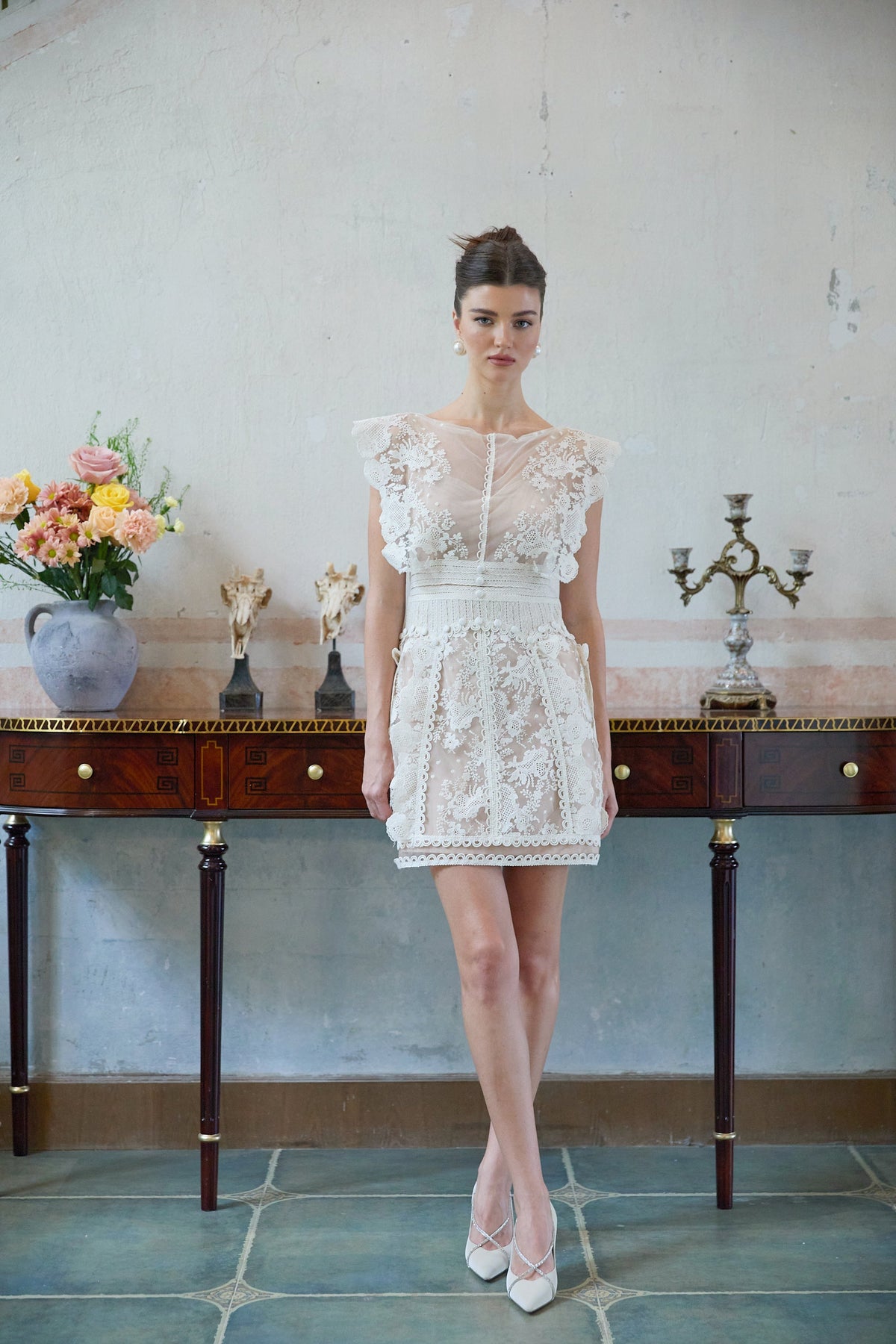 Maïa Çiçek İşlemeli Dantel Mini Elbise Beyaz