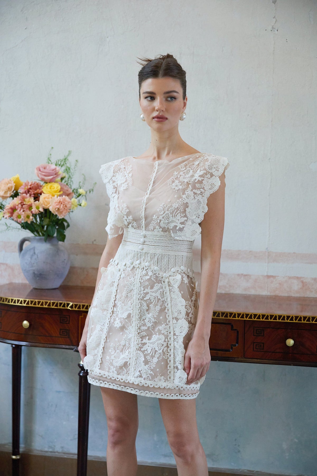 Maïa Çiçek İşlemeli Dantel Mini Elbise Beyaz