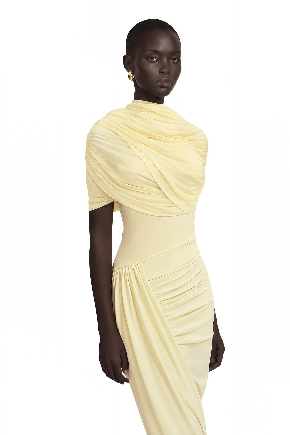 Manuela Asimetrik Pelerinli Midi Elbise Sarı