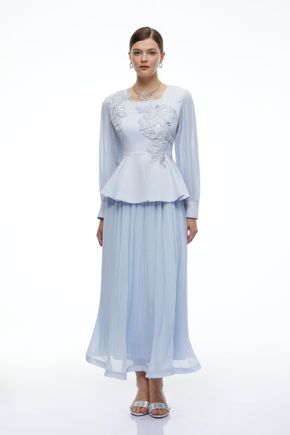 Marielle İşlemeli Peplum Bluz ve Etek Takım Mavi