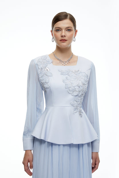 Marielle İşlemeli Peplum Bluz ve Etek Takım Mavi