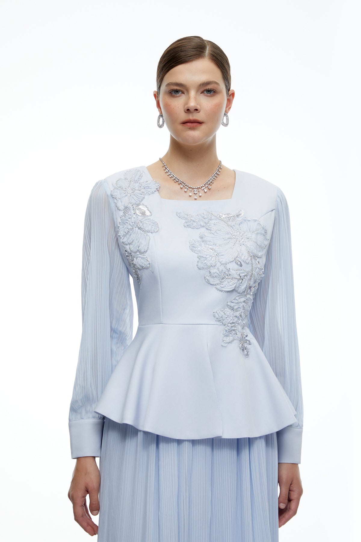 Marielle Çiçek Detaylı Peplum Bluz ve Etek Takım Mavi