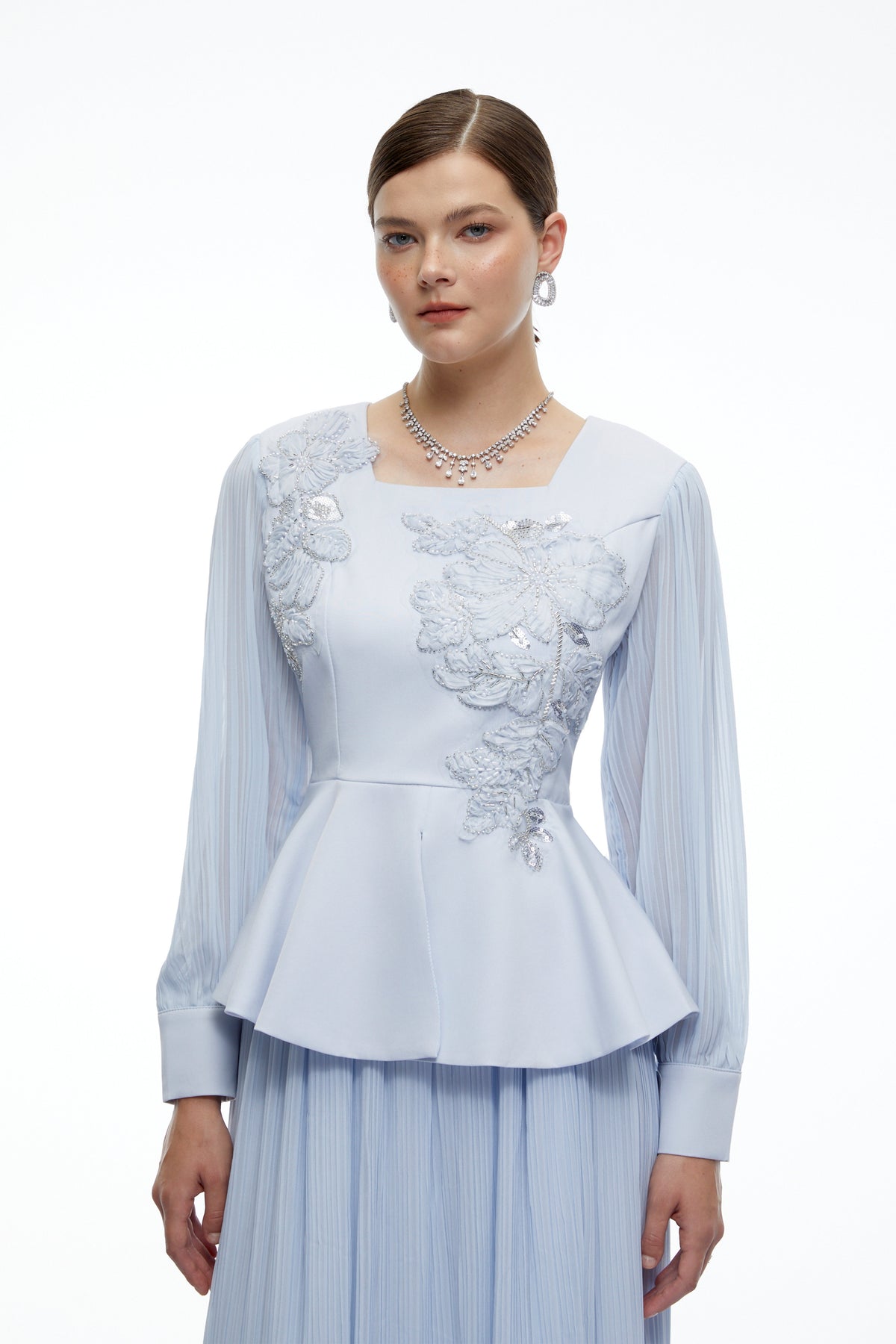Marielle Çiçek Detaylı Peplum Bluz ve Etek Takım Mavi