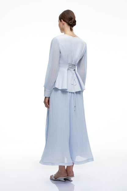 Marielle İşlemeli Peplum Bluz ve Etek Takım Mavi