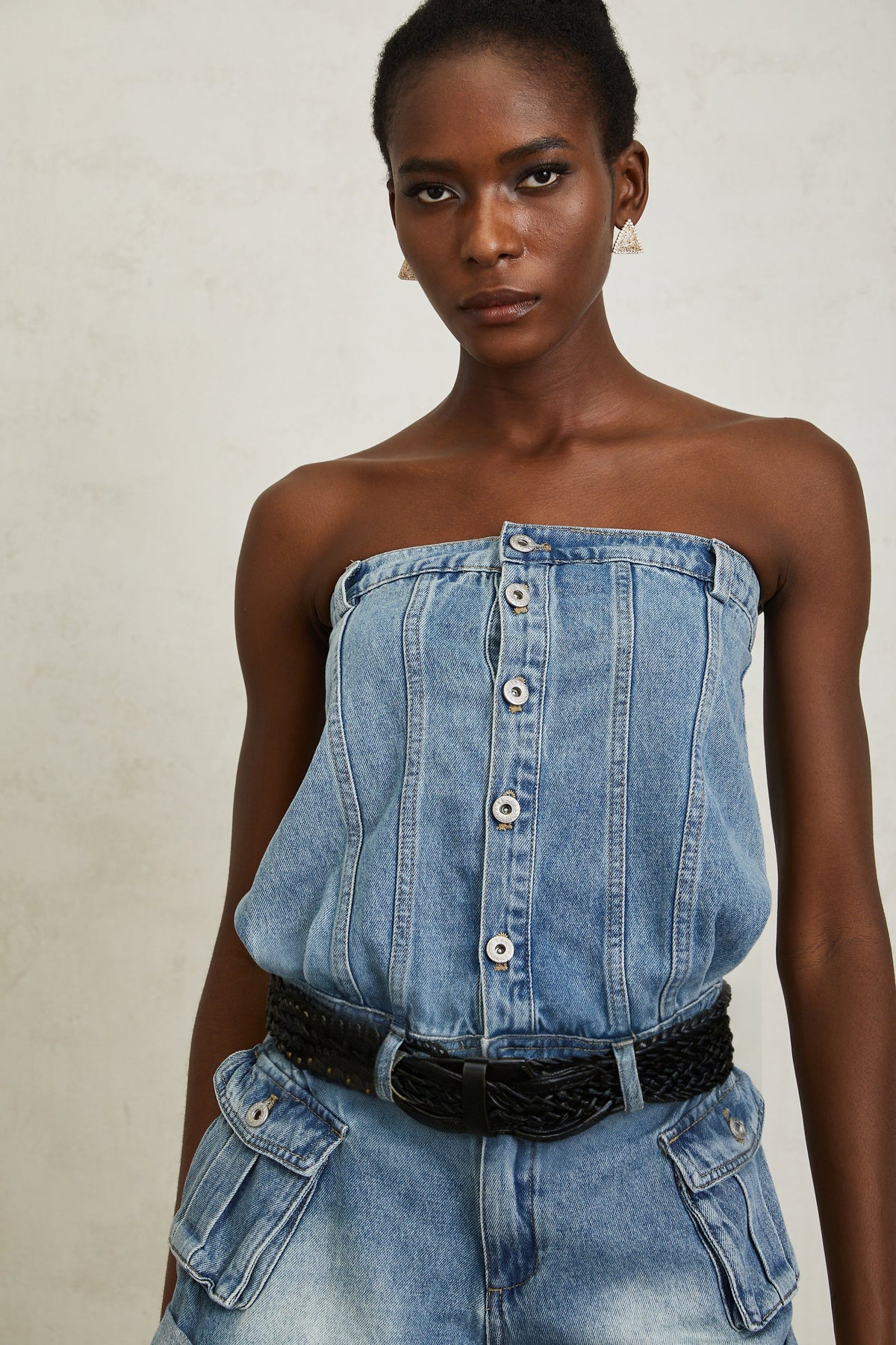 Marta Soluk Efektli Düşük Omuz Denim Şort Tulum Mavi