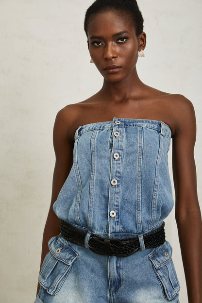 Marta Soluk Efektli Düşük Omuz Denim Şort Tulum Mavi