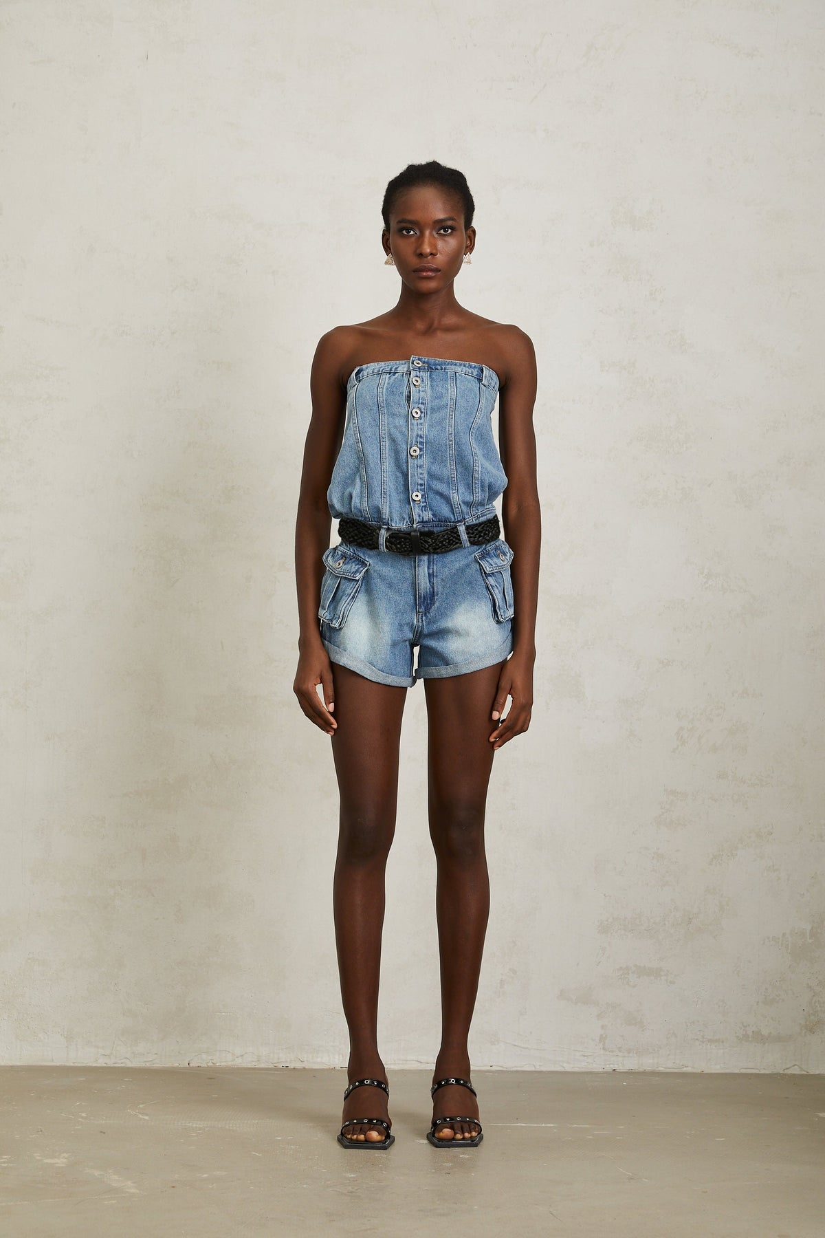 Marta Soluk Efektli Düşük Omuz Denim Şort Tulum Mavi
