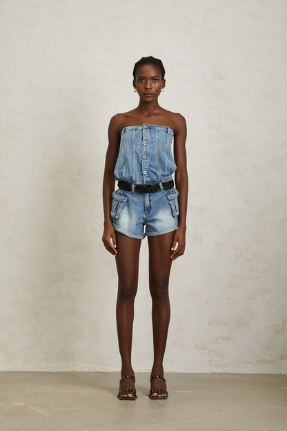 Marta Soluk Efektli Düşük Omuz Denim Şort Tulum Mavi