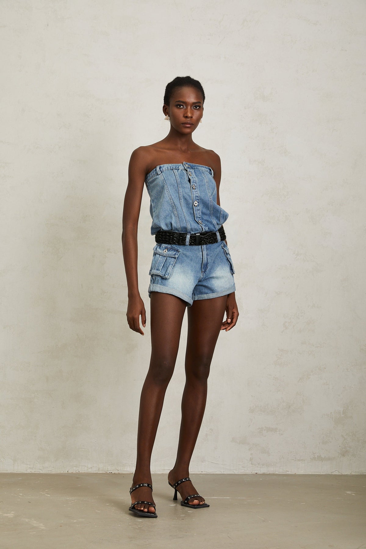 Marta Soluk Efektli Düşük Omuz Denim Şort Tulum Mavi