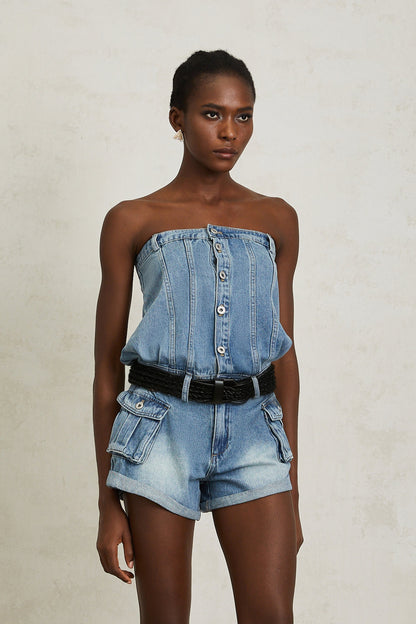 Marta Soluk Efektli Düşük Omuz Denim Şort Tulum Mavi