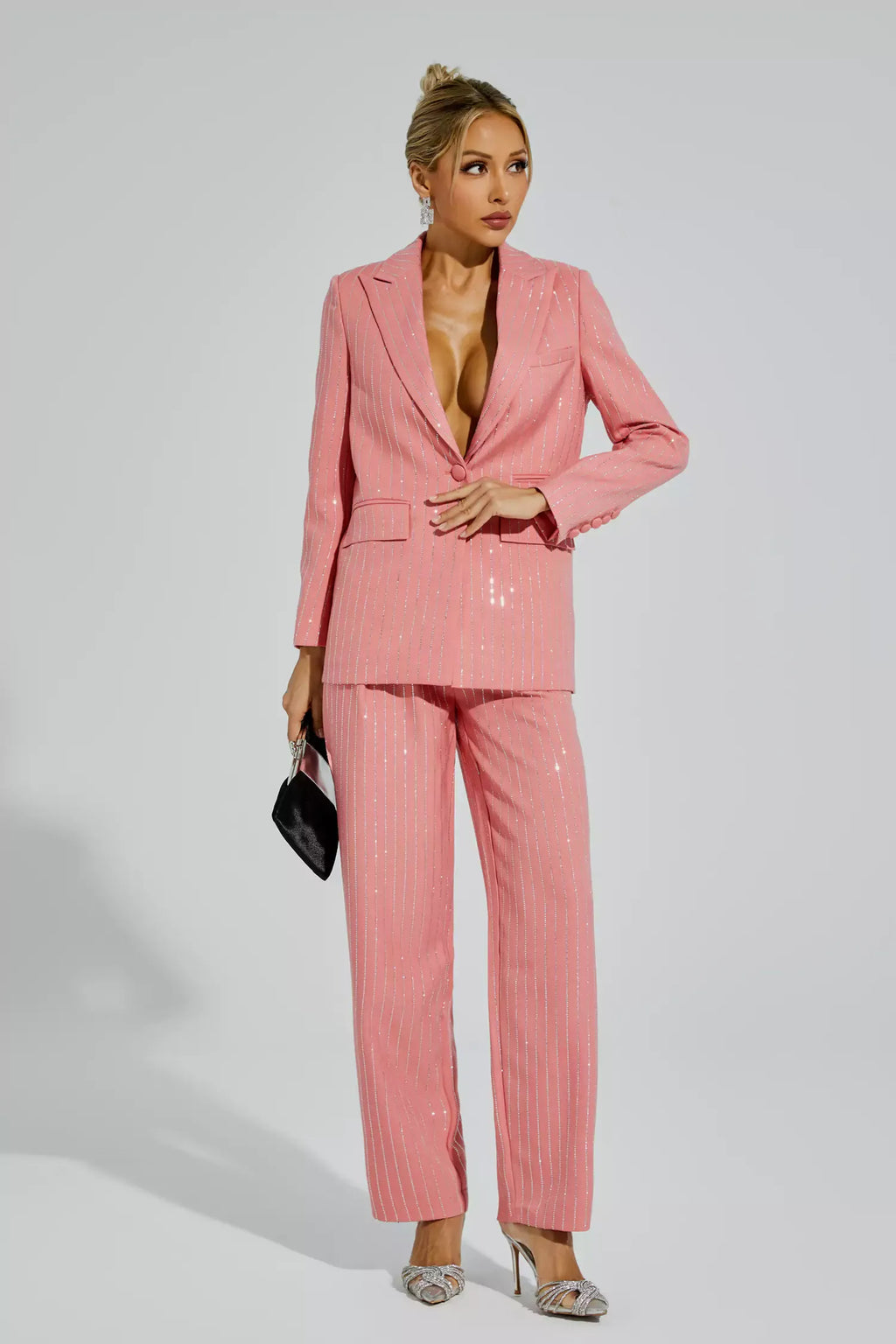 Merlin Pembe Dikey Çizgili Blazer Takımı
