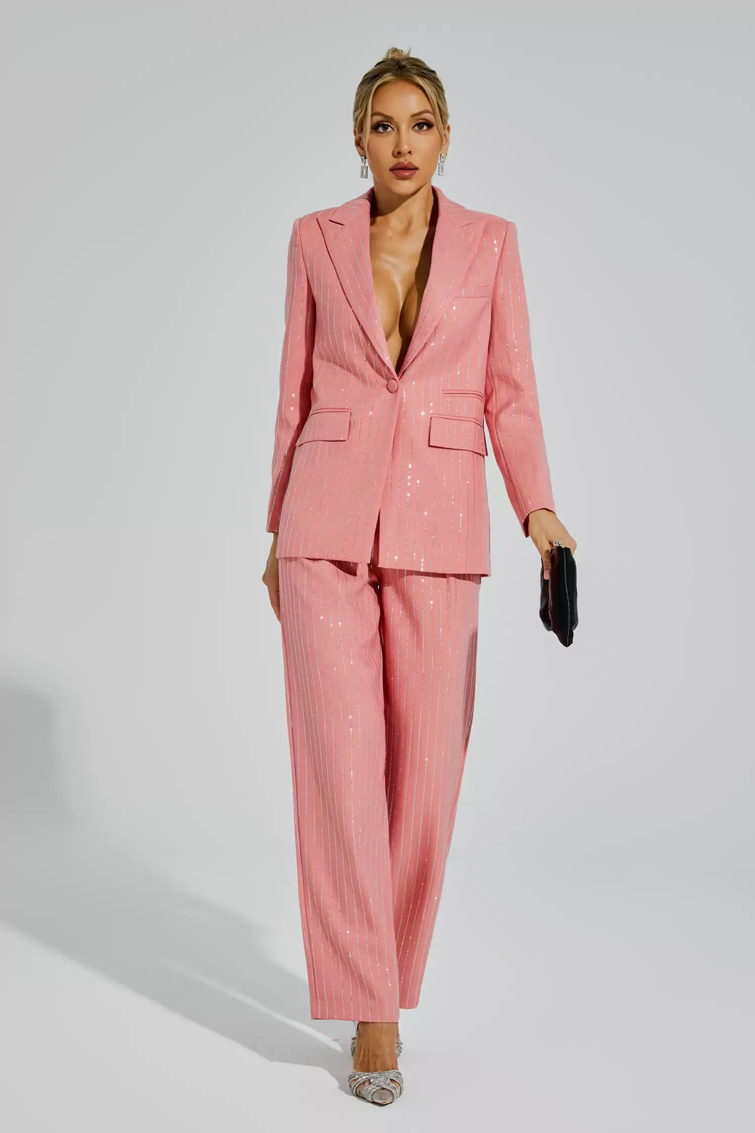 Merlin Pembe Dikey Çizgili Blazer Takımı