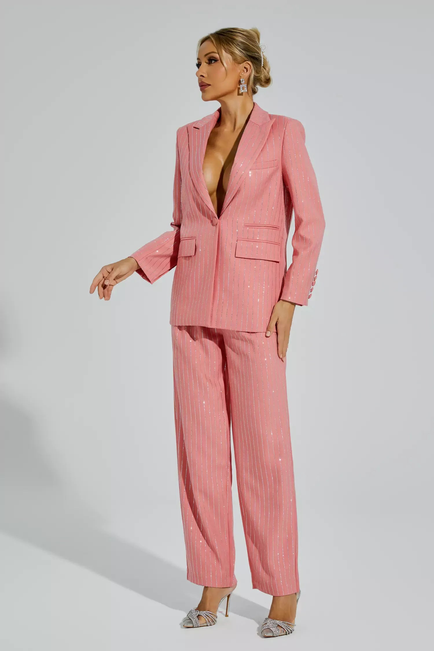 Merlin Pembe Dikey Çizgili Blazer Takımı