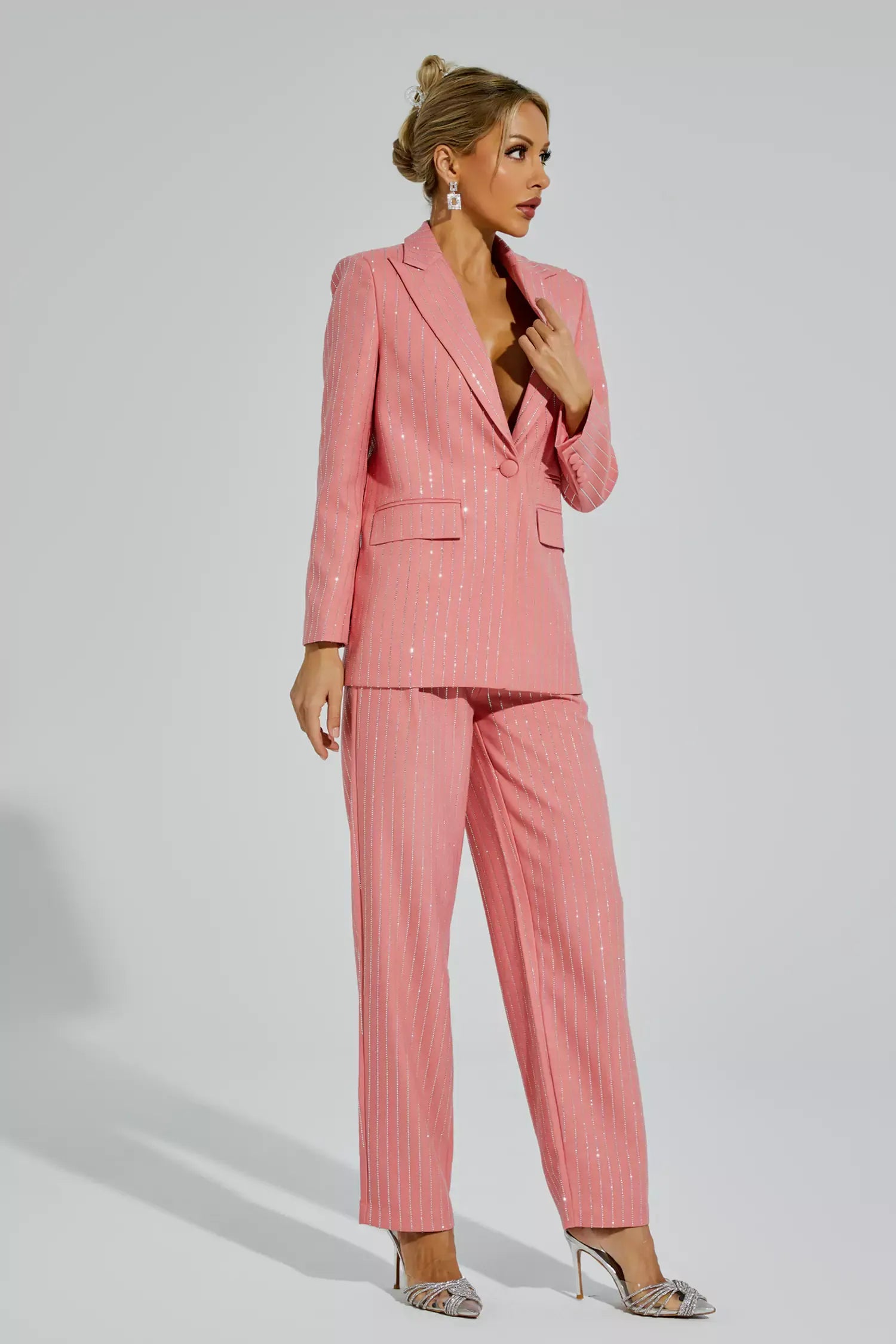 Merlin Pembe Dikey Çizgili Blazer Takımı