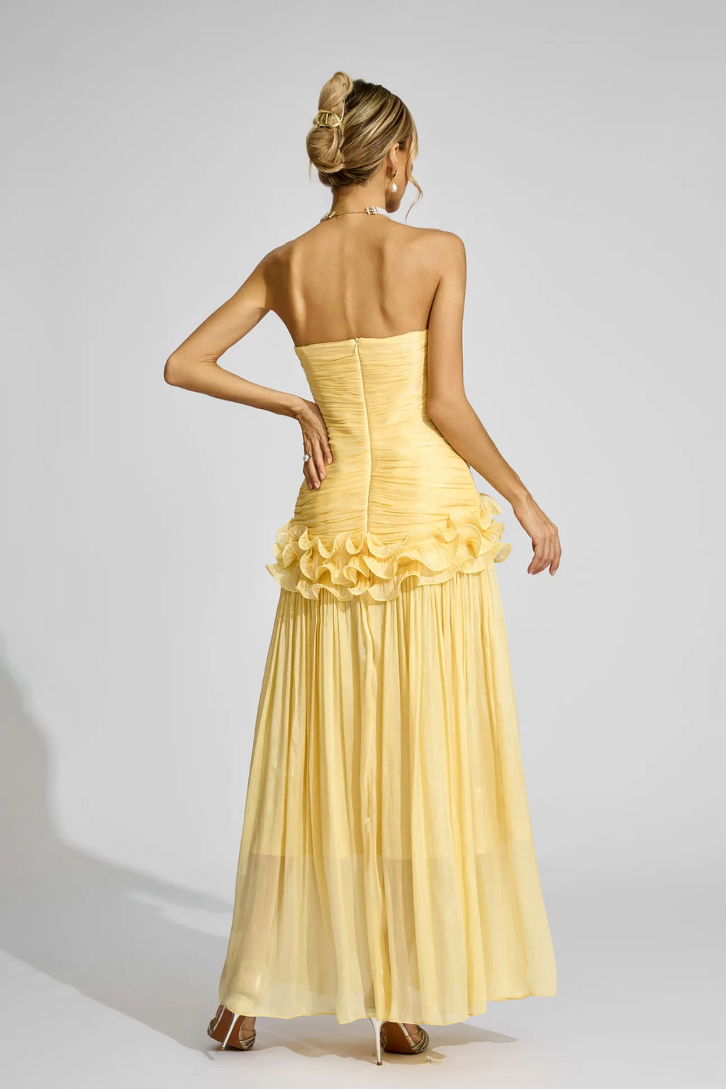 Tristane Sarı Off Shoulder Volanlı Maxi Elbise