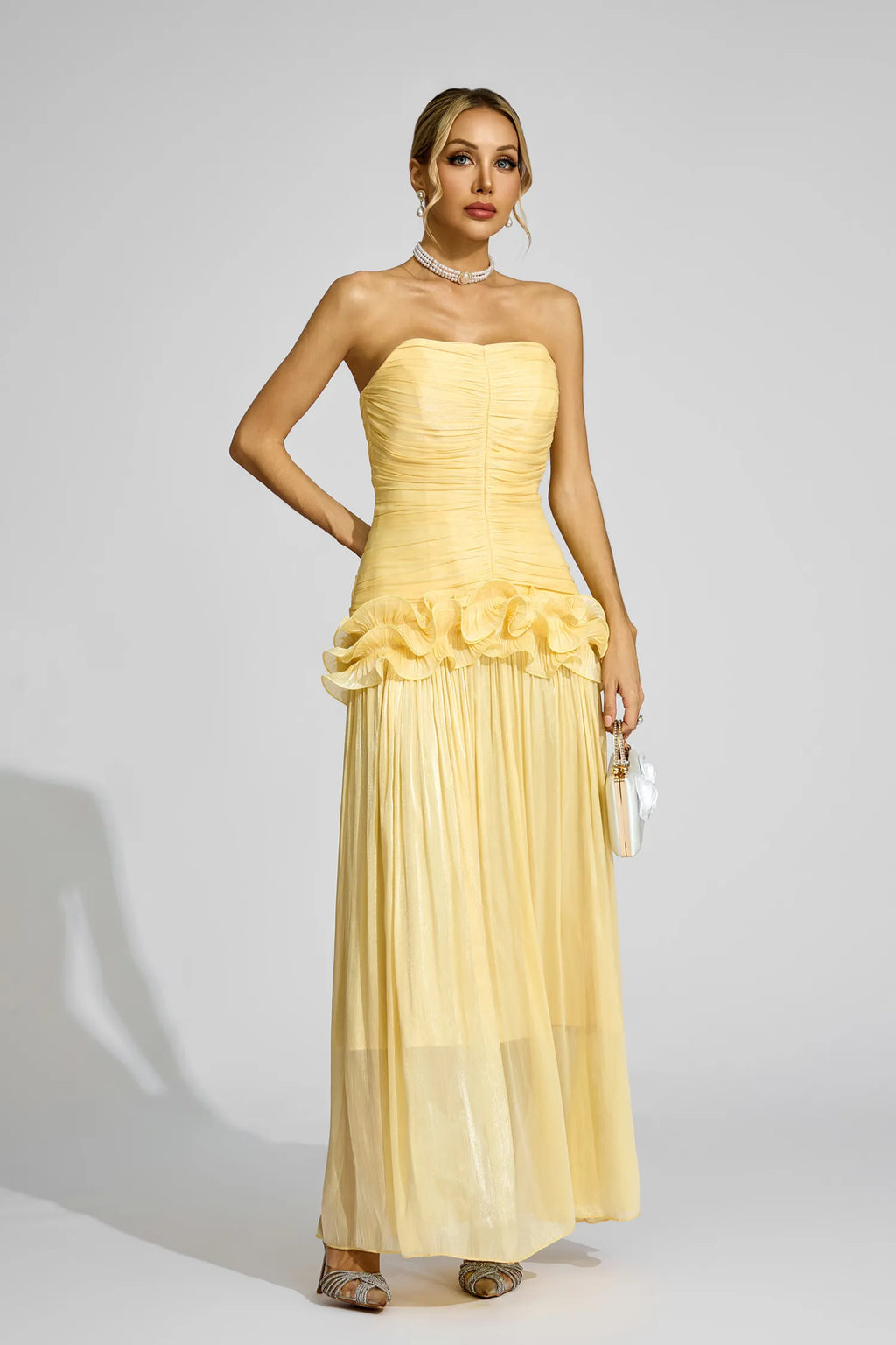 Tristane Sarı Off Shoulder Volanlı Maxi Elbise