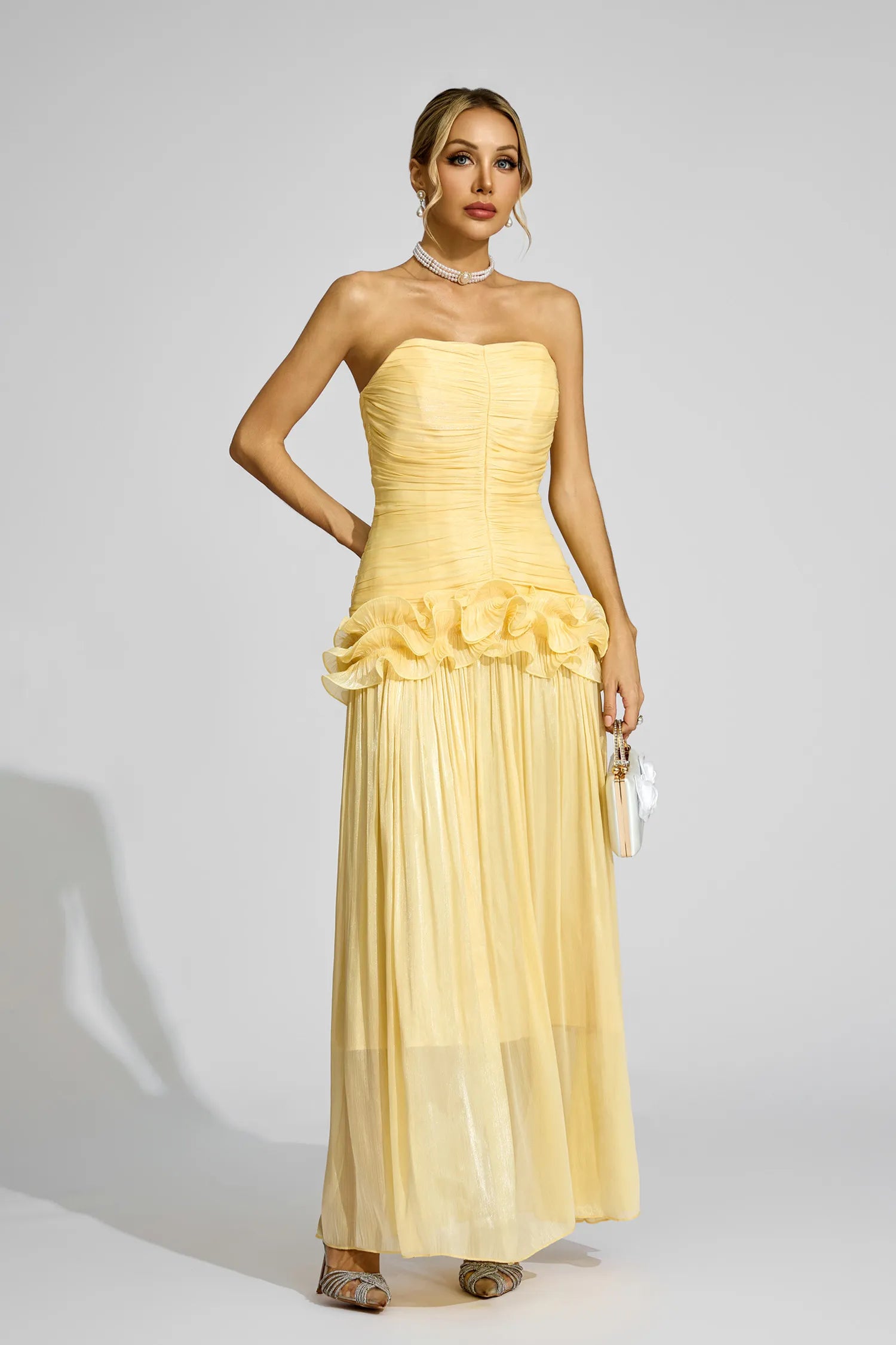 Tristane Sarı Off Shoulder Volanlı Maxi Elbise