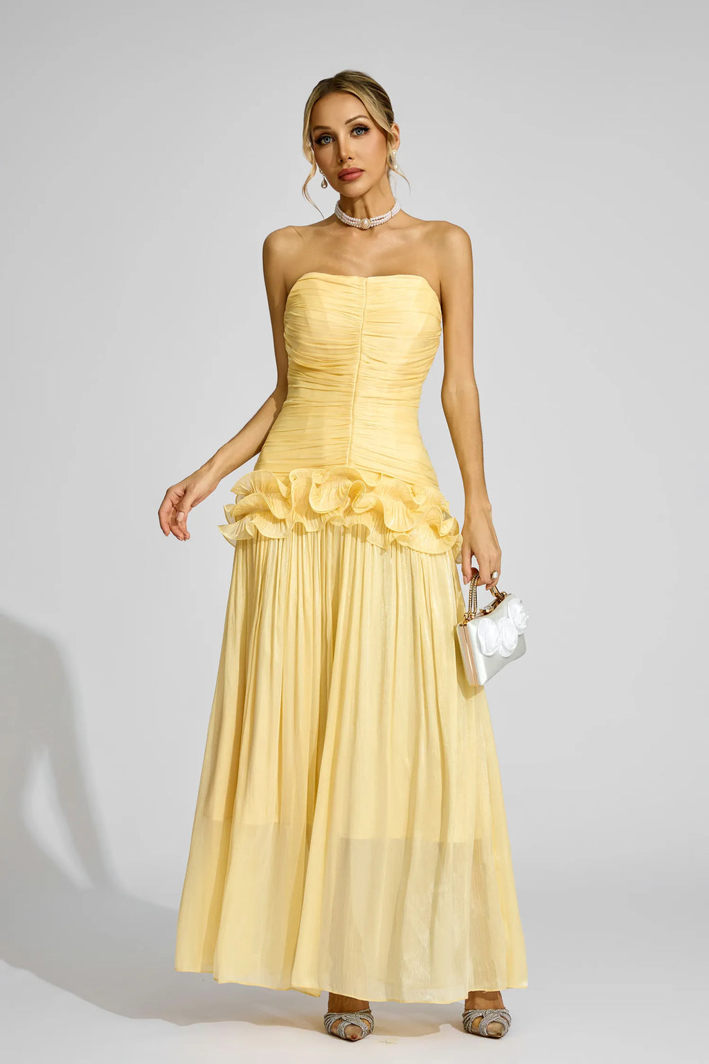 Tristane Sarı Off Shoulder Volanlı Maxi Elbise