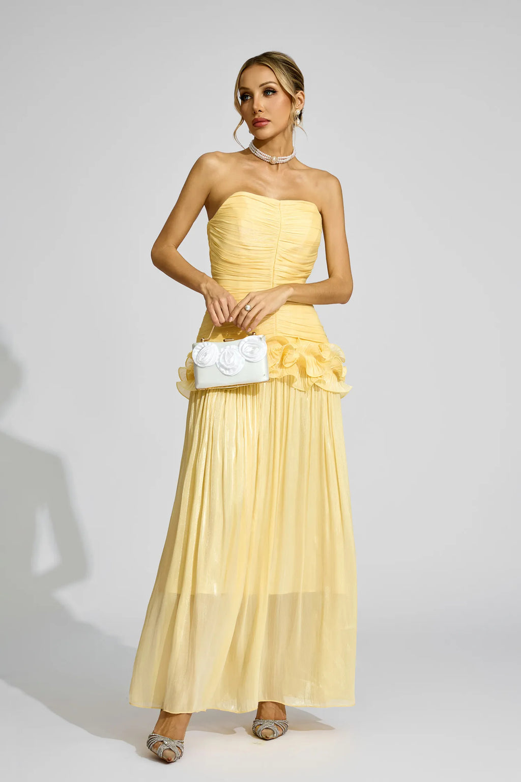 Tristane Sarı Off Shoulder Volanlı Maxi Elbise