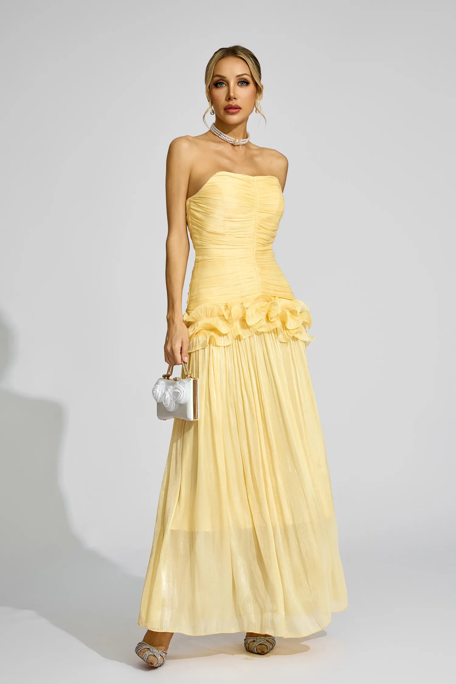 Tristane Sarı Off Shoulder Volanlı Maxi Elbise