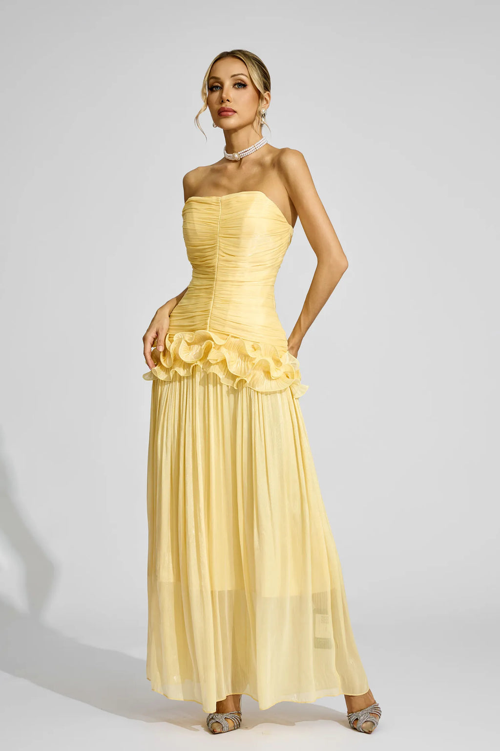 Tristane Sarı Off Shoulder Volanlı Maxi Elbise