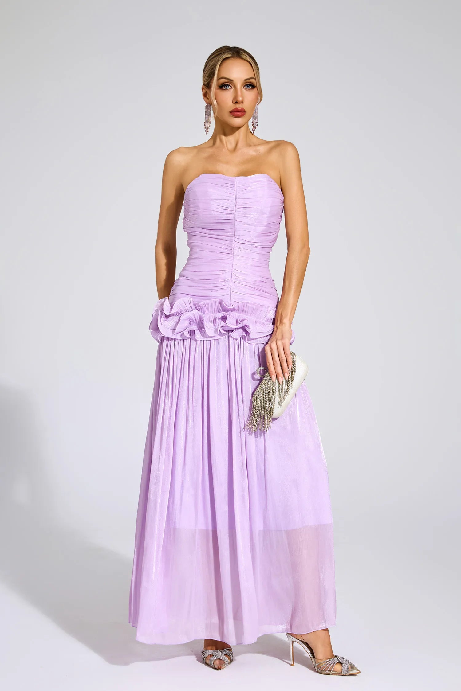 Tristane Mor Off Shoulder Volanlı Maxi Elbise