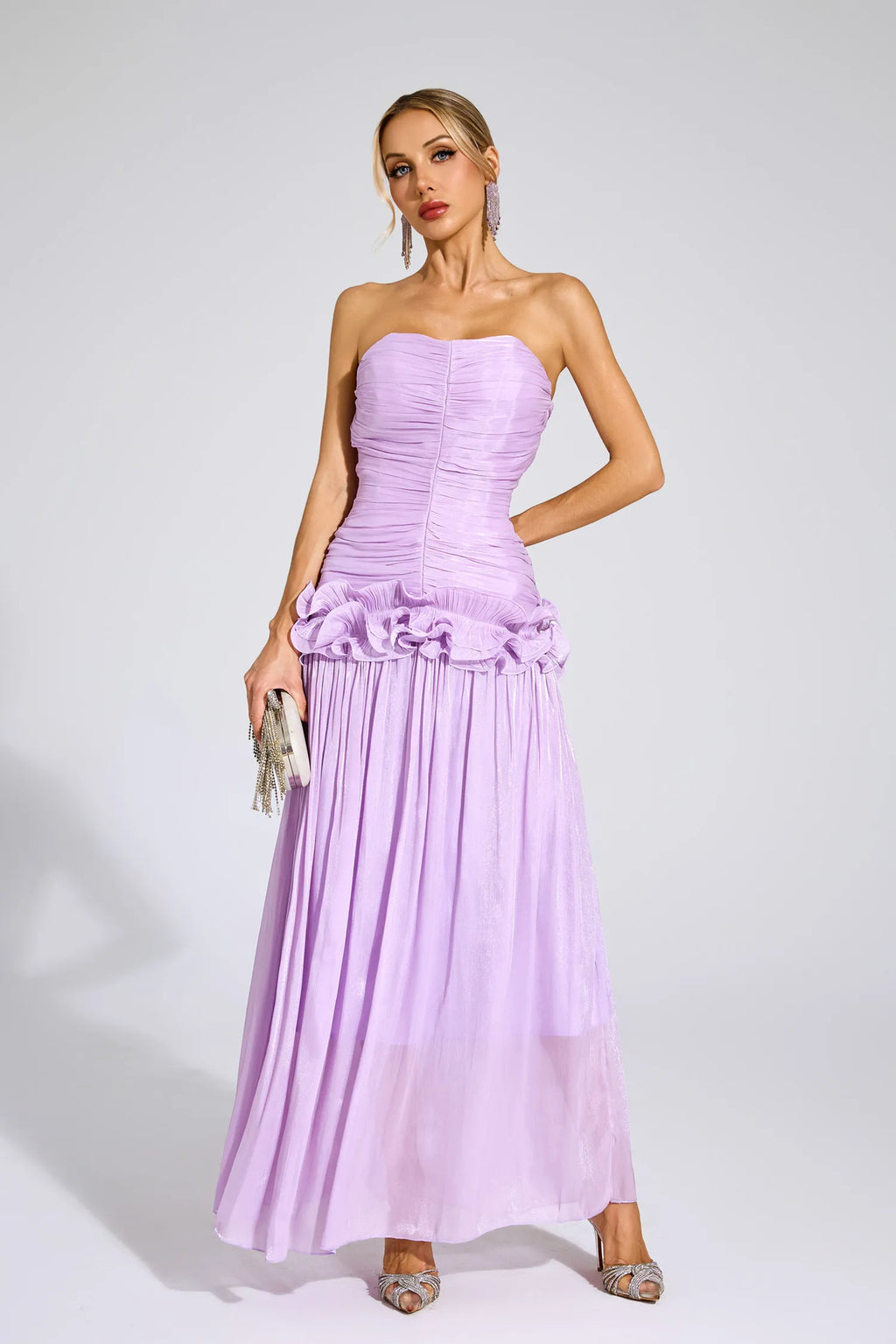 Tristane Mor Off Shoulder Volanlı Maxi Elbise