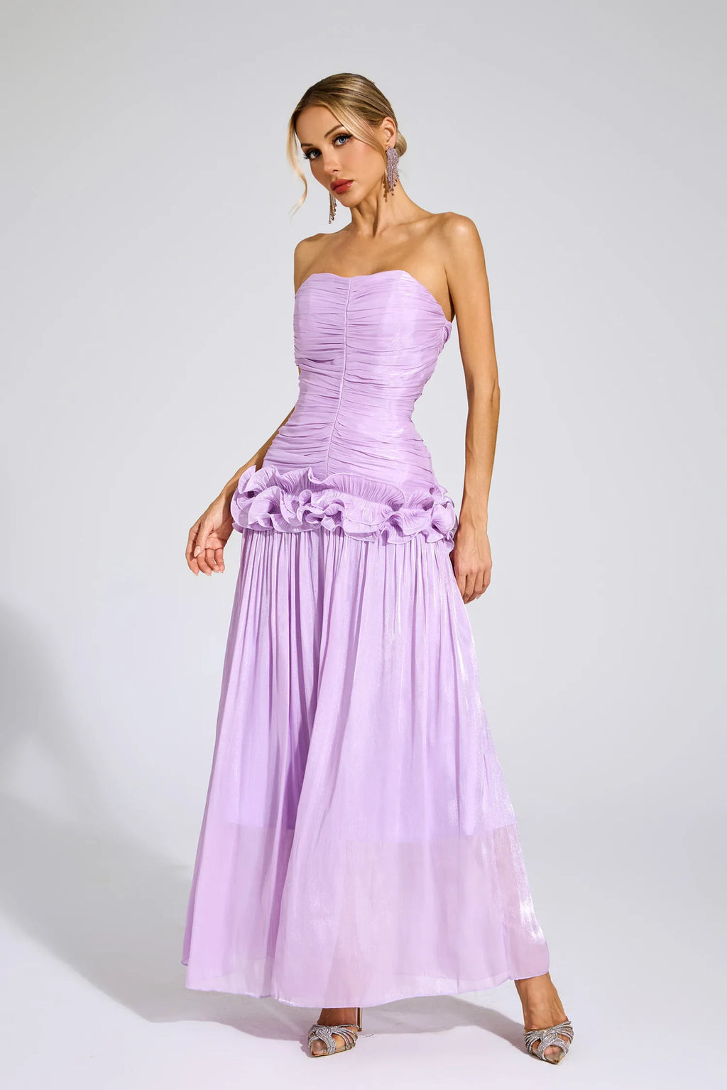 Tristane Mor Off Shoulder Volanlı Maxi Elbise