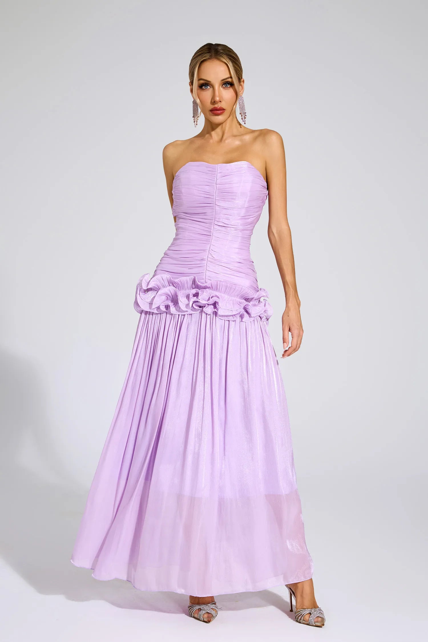 Tristane Mor Off Shoulder Volanlı Maxi Elbise