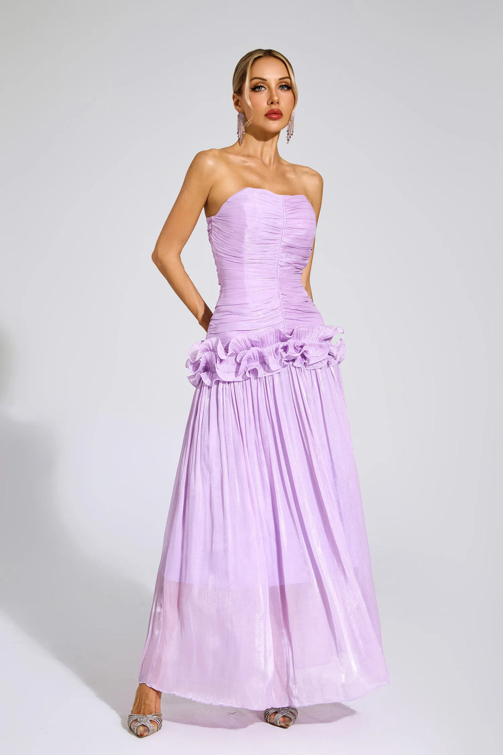 Tristane Mor Off Shoulder Volanlı Maxi Elbise