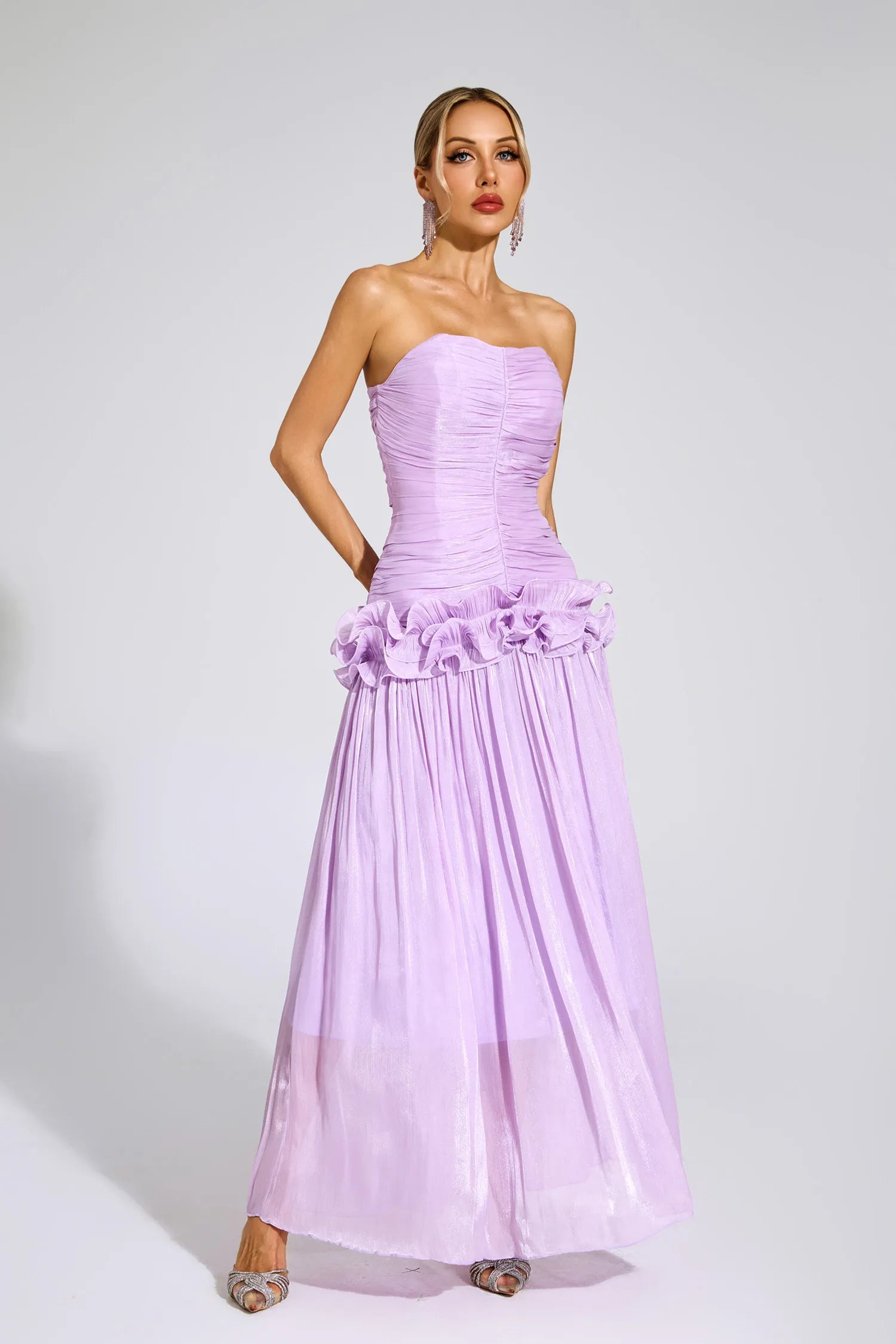 Tristane Mor Off Shoulder Volanlı Maxi Elbise