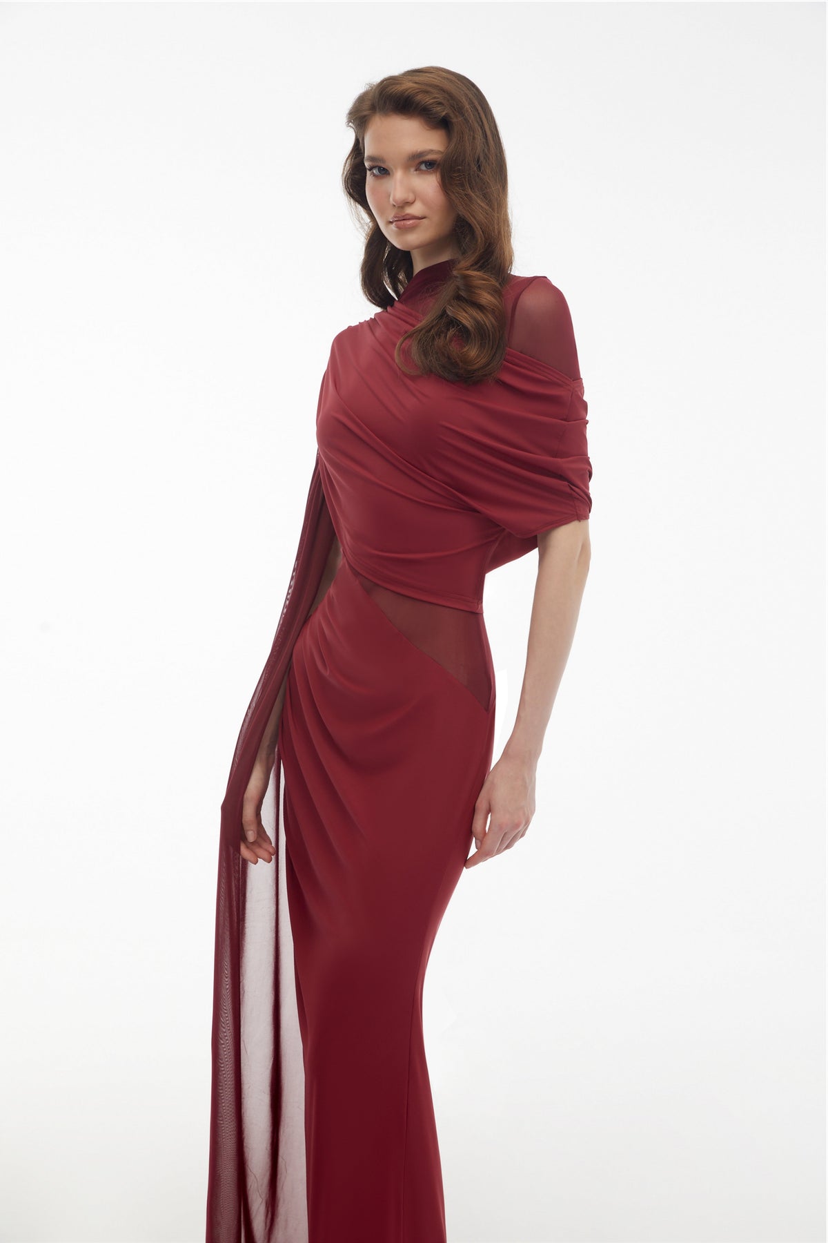 Mioara Asimetrik Pelerin ve Drape Detaylı Maksi Elbise Kırmızı