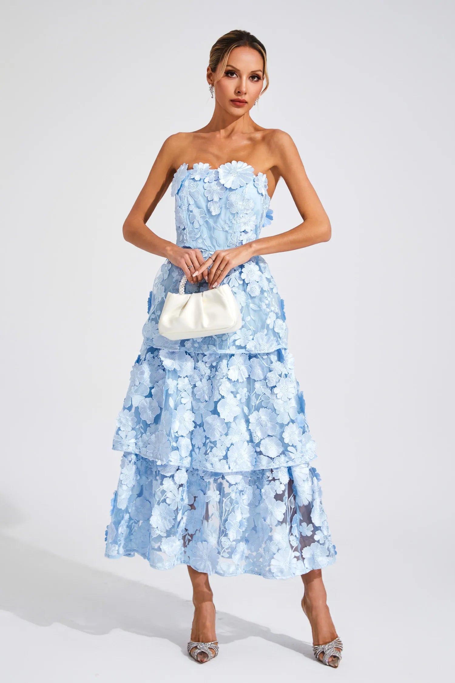 Estella Mavi Çiçek Off Shoulder Maxi Elbise