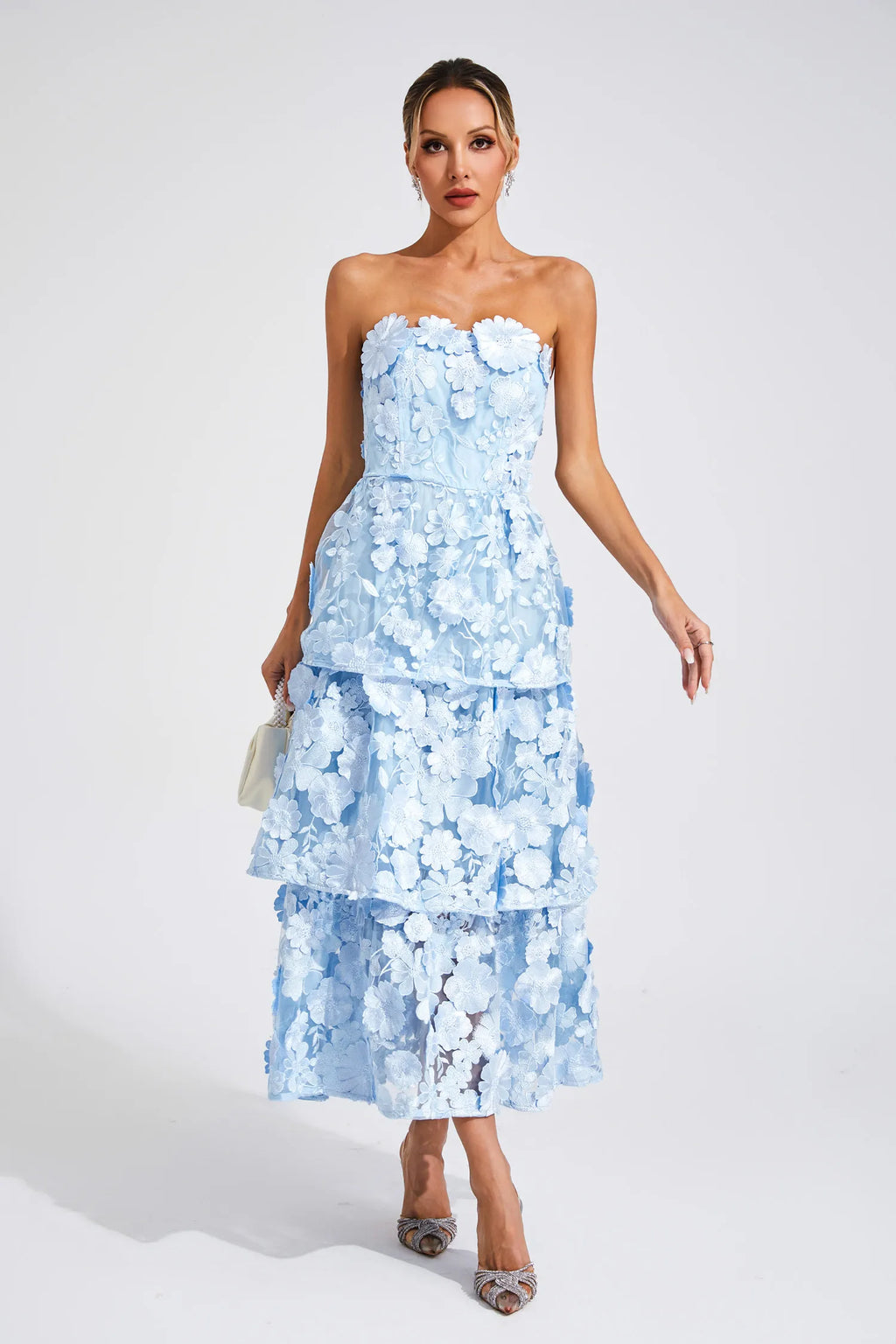 Estella Mavi Çiçek Off Shoulder Maxi Elbise