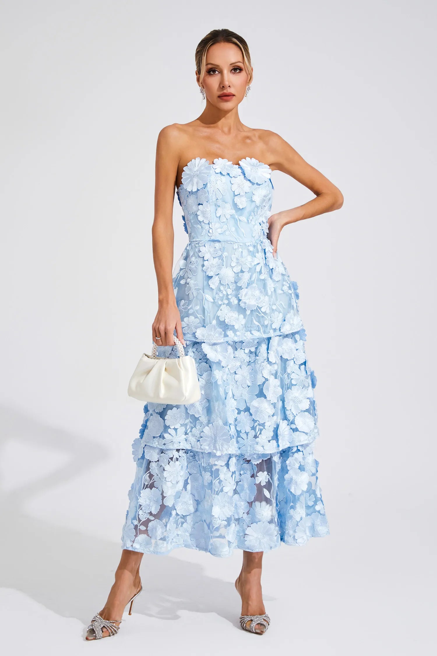 Estella Mavi Çiçek Off Shoulder Maxi Elbise