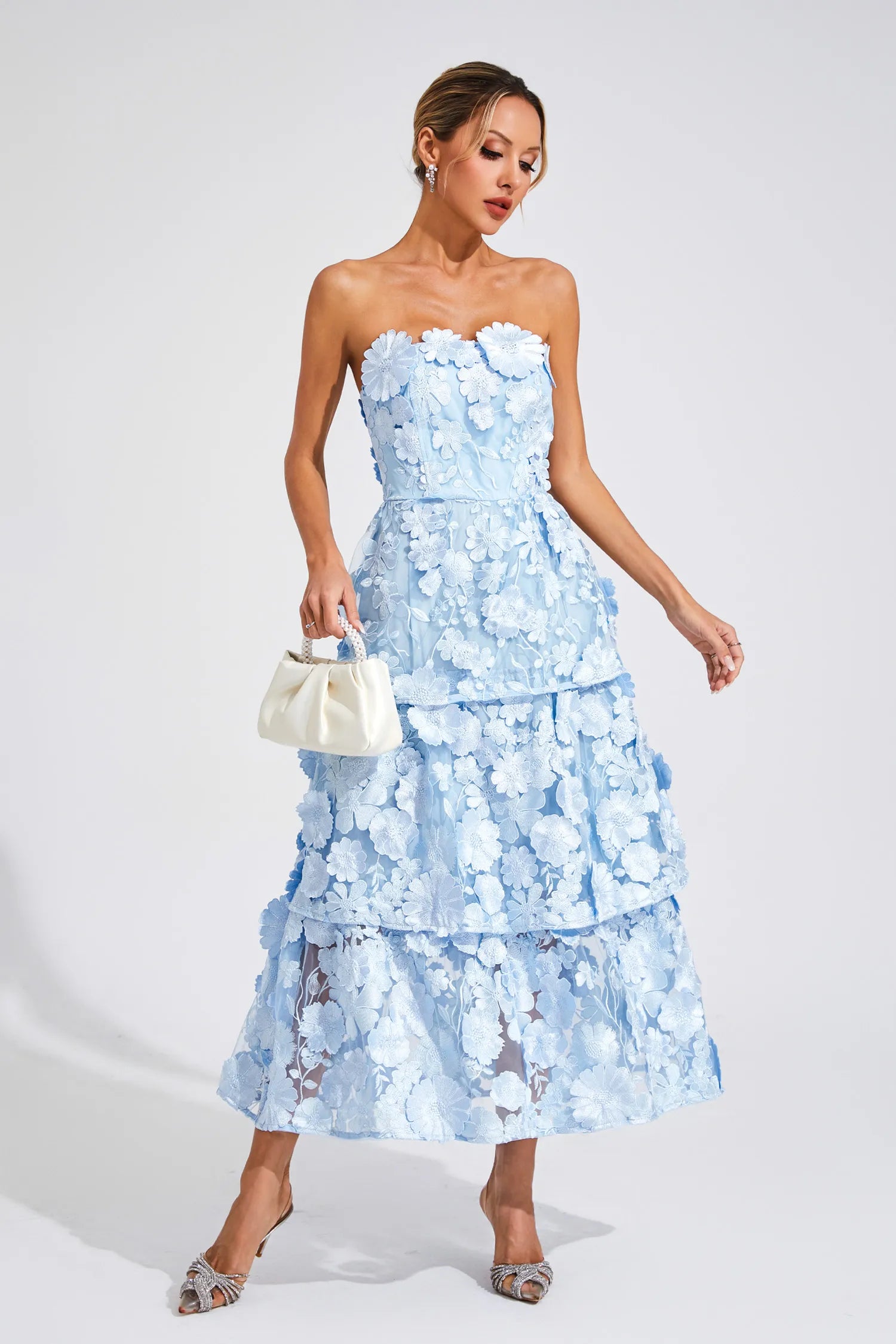 Estella Mavi Çiçek Off Shoulder Maxi Elbise