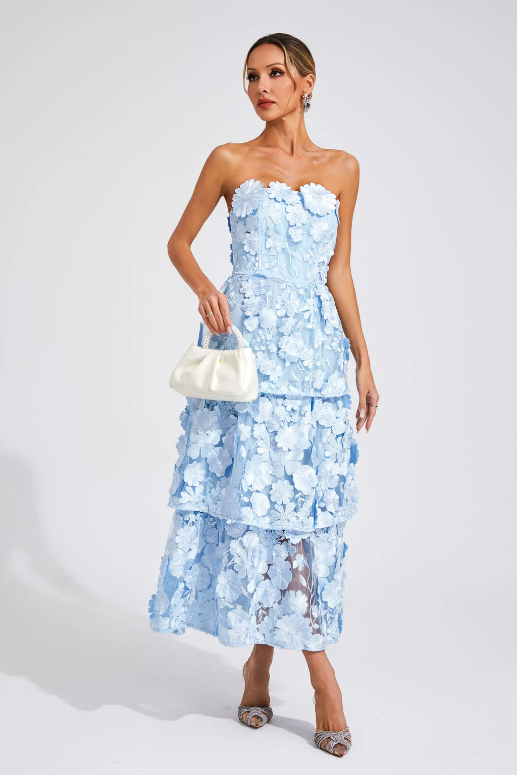 Estella Mavi Çiçek Off Shoulder Maxi Elbise