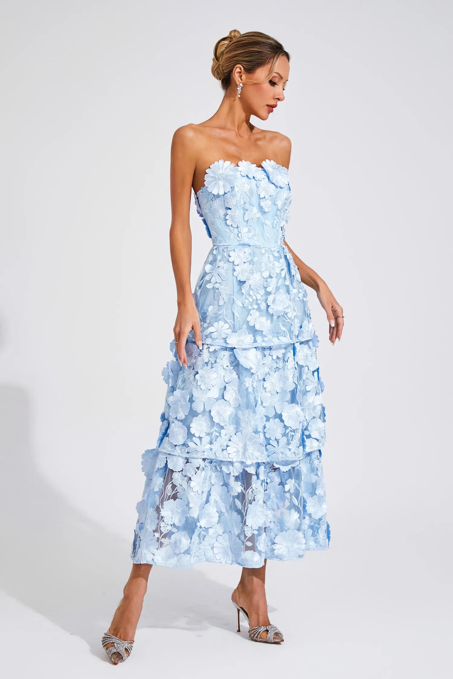 Estella Mavi Çiçek Off Shoulder Maxi Elbise