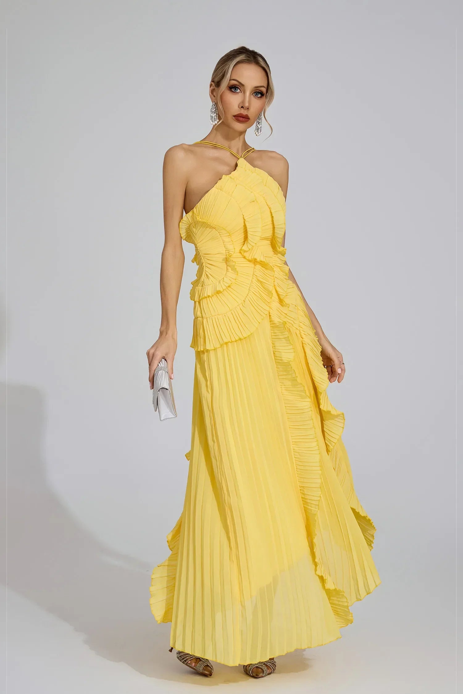 Dravina Sarı Asimetrik Fırfırlı Halter Maxi Elbise