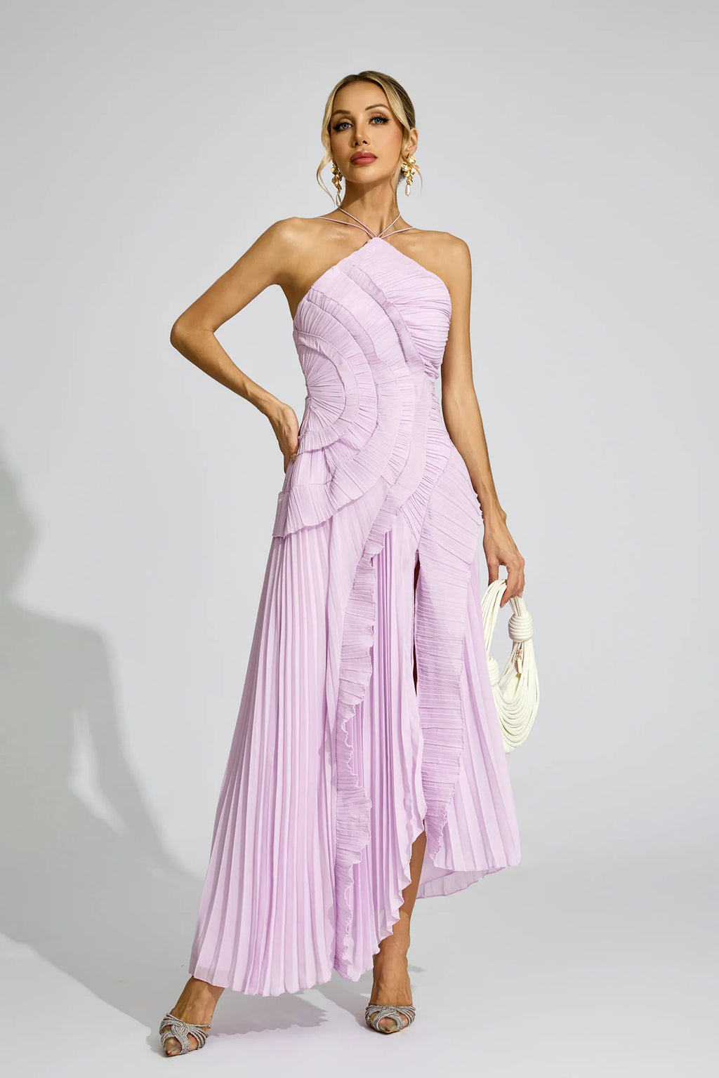 Elodie Mor Asimetrik Plise Halter Maxi Elbise